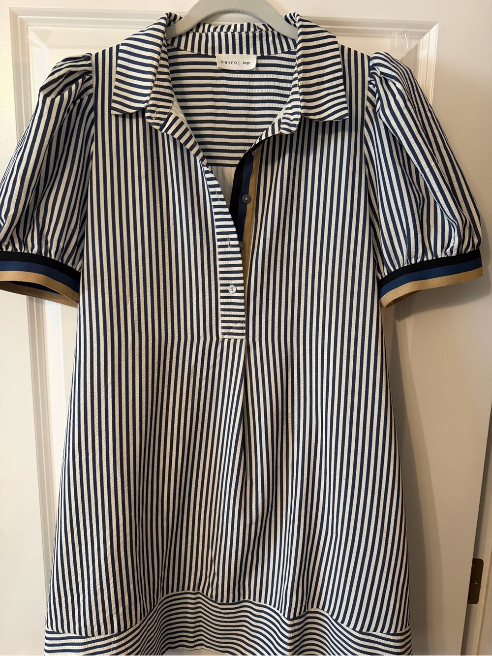 entro Navy and White Striped Mini Dress with Puff Sleeves women’s size lg